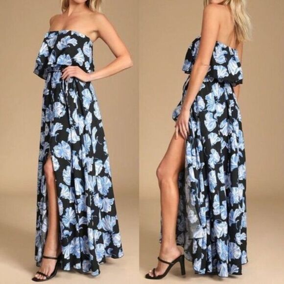 Lulu's‎ Women Strapless Maxi Dress Party Black Floral Print Medium - Picture 1 of 4